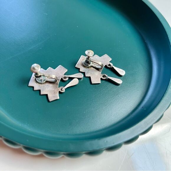 Vintage 1970s Sterling Silver 925 Iridescent Abalone Aztec Mayan Style Earrings - Picture 4 of 7